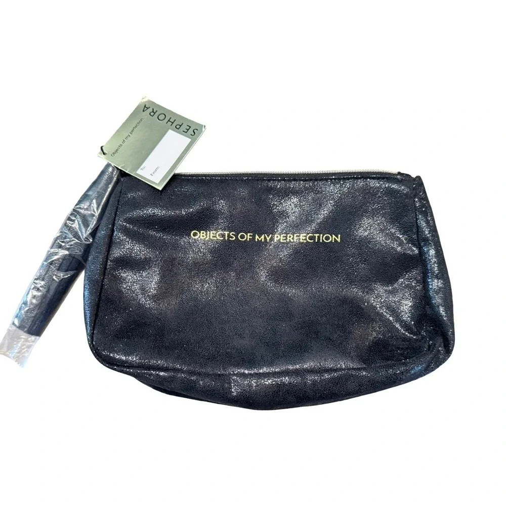 Sephora‎ Black Metallic Objects of My Perfection Makeup Bag Wristlet Pouch NWT
